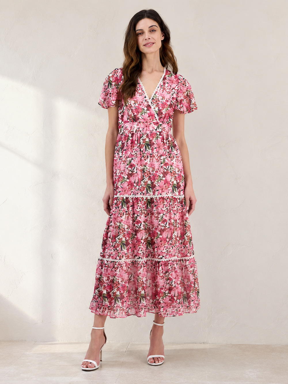 NWT Anne Klein Floral Flutter Sleeve Tiered Maxi Dress Sz 10 Rose $159